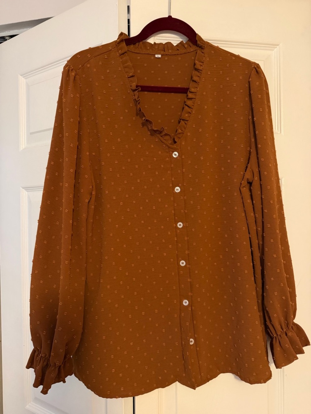 Ruffled V-Neck Long Sleeve Blouse - Rust